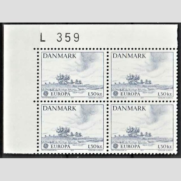 FRIMRKER DANMARK | 1977 - AFA 636 - Europamrke 1,30 Kr. bl i Fire-blok med NV marginal L-359  - Postfrisk