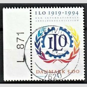FRIM�RKER DANMARK | 1994 - AFA 1075 - ILO 75 �r - 5,00 Kr. flerfarvet - Pragt Stemplet Lemvig