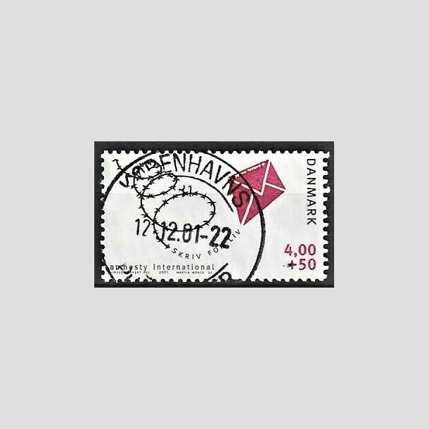 FRIMRKER DANMARK | 2001 - AFA 1275 - Amnesty International - 4,00 Kr. + 50 re bl/rd - Pnt Stemplet