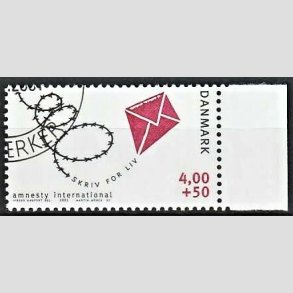 FRIMRKER DANMARK | 2001 - AFA 1275 - Amnesty International - 4,00 Kr. + 50 re bl/rd - Pnt Stemplet