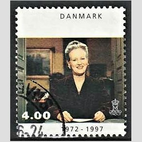 FRIMRKER DANMARK | 1997 - AFA 1136 - Margrethe 25 rs regeringsjubilun - 4,00 Kr. nytrstale - Pnt Stemplet