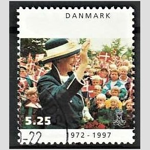 FRIMRKER DANMARK | 1997 - AFA 1137 - Margrethe 25 rs regeringsjubilun - 5,25 Kr. folkemngde - Pnt Stemplet