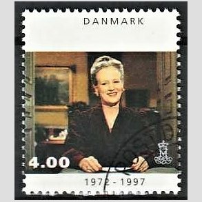 FRIMRKER DANMARK | 1997 - AFA 1136 - Margrethe 25 rs regeringsjubilun - 4,00 Kr. nytrstale - Pnt Stemplet