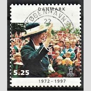 FRIMRKER DANMARK | 1997 - AFA 1137 - Margrethe 25 rs regeringsjubilun - 5,25 Kr. folkemngde - Pnt Stemplet