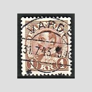 FRIMRKER DANMARK | 1934 - AFA 211 - Chr. X 1 Kr. brun - Pragt Stemplet Varde