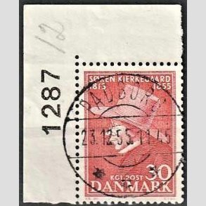 FRIMRKER DANMARK | 1955 - AFA 365 - Sren Kierkeghaard - 30 re rd med marginal - Pragt Stemplet Padborg