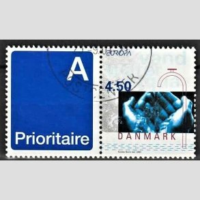 FRIMRKER DANMARK | 2001 - AFA 1283v - Europamrker. Vand. - 4,50 Kr. flerfarvet sammenhngende med A-vignet - Pnt Stemplet