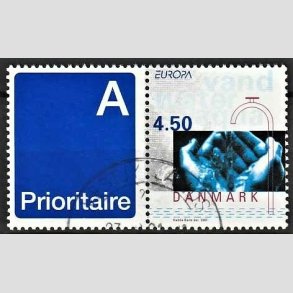 FRIMRKER DANMARK | 2001 - AFA 1283v - Europamrker. Vand. - 4,50 Kr. flerfarvet sammenhngende med A-vignet - Pnt Stemplet