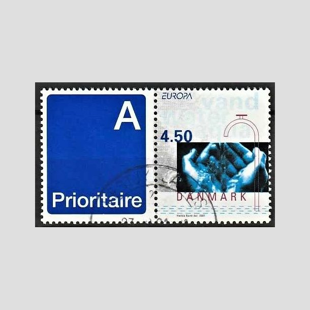 FRIMRKER DANMARK | 2001 - AFA 1283v - Europamrker. Vand. - 4,50 Kr. flerfarvet sammenhngende med A-vignet - Pnt Stemplet