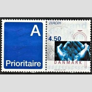FRIMRKER DANMARK | 2001 - AFA 1283v - Europamrker. Vand. - 4,50 Kr. flerfarvet sammenhngende med A-vignet - Pnt Stemplet