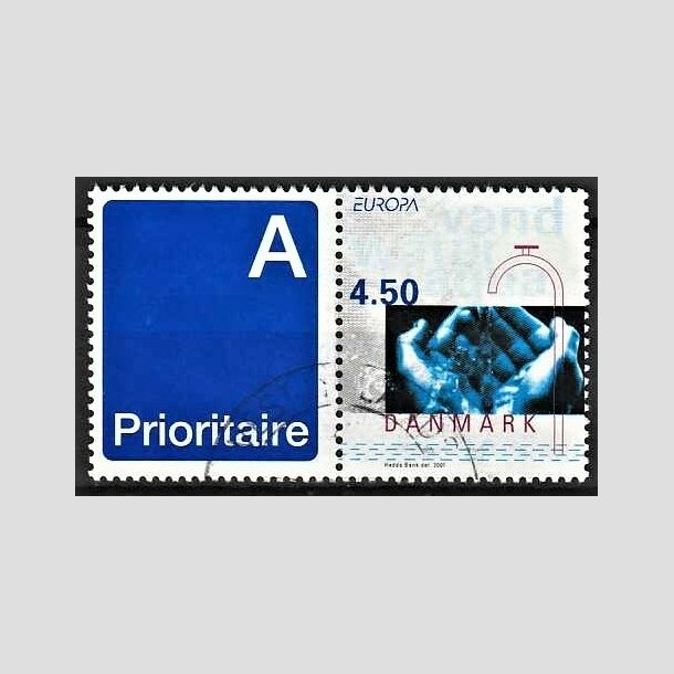 FRIMRKER DANMARK | 2001 - AFA 1283v - Europamrker. Vand. - 4,50 Kr. flerfarvet sammenhngende med A-vignet - Pnt Stemplet