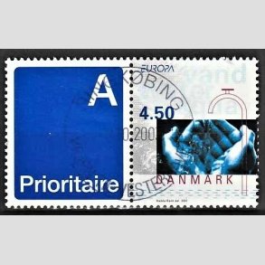 FRIMRKER DANMARK | 2001 - AFA 1283v - Europamrker. Vand. - 4,50 Kr. flerfarvet sammenhngende med A-vignet - Pnt Stemplet