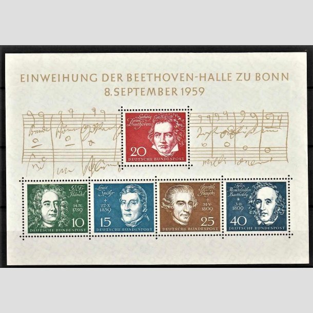FRIMRKER VESTTYSKL. BUND: 1959 | AFA 1279-83 | Miniark Beethoven 10-40 pf. - Ubrugt (nr postfrisk)
