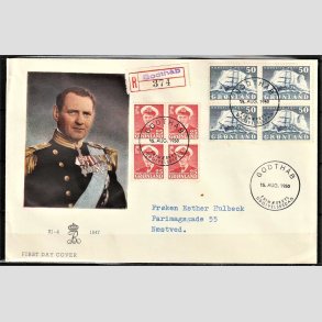 FRIMRKER GRNLAND | 1950 - AFA 33,32 - Gustav Holm mv. - 50 re bl i 4-blok + 25 re rd p FDC - Stemplet Godthb