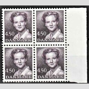 FRIMRKER DANMARK | 1990 - AFA 957 - Dronning Margrethe - 4,50 Kr. mrkviolet i 4-blok - Postfrisk