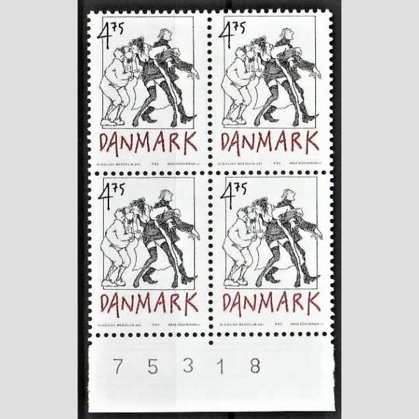 FRIMRKER DANMARK | 1992 - AFA 1030 - Danske tegneseriefigurer - 4,75 Kr. sort/rd i4-blok - Postfrisk