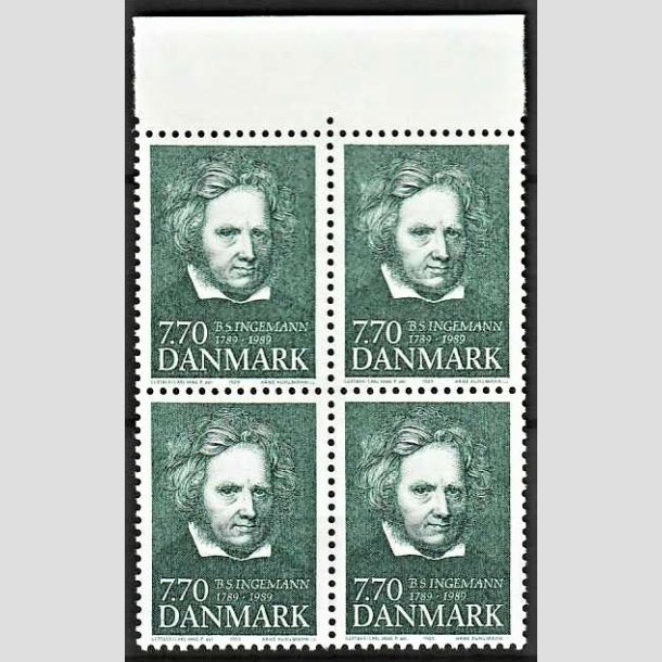 FRIMRKER DANMARK | 1989 - AFA 945 - B. S. Ingemann - 7,70 Kr. grn i 4-blok - Postfrisk