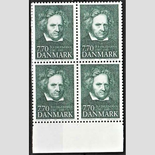 FRIMRKER DANMARK | 1989 - AFA 945 - B. S. Ingemann - 7,70 Kr. grn i 4-blok - Postfrisk