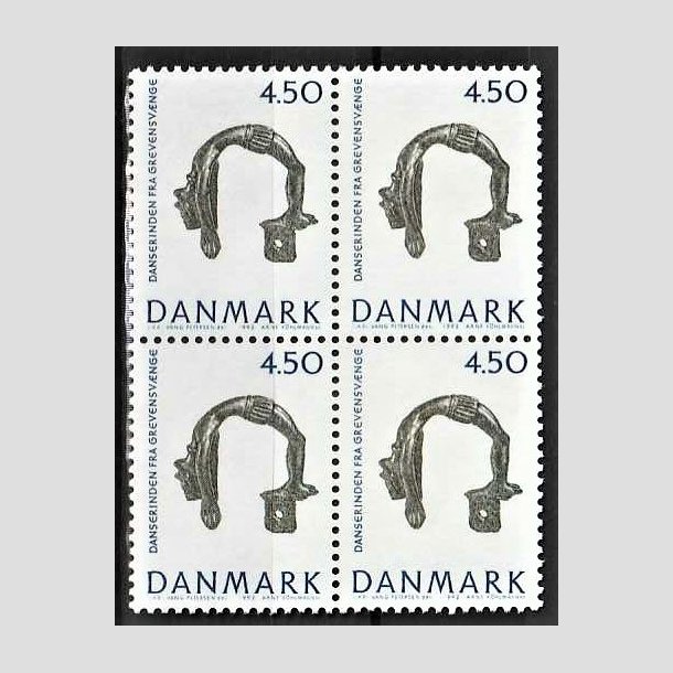 FRIMRKER DANMARK | 1992 - AFA 1008 - Nationalmuseets samlinger - 4,50 Kr. bl/grn i 4-blok - Postfrisk