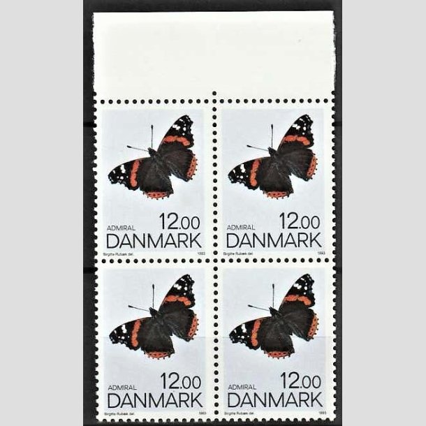 FRIMRKER DANMARK | 1993 - AFA 1040 - Sommerfugle - 12,00 Kr. flerfarvet i 4-blok - Postfrisk