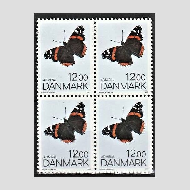 FRIMRKER DANMARK | 1993 - AFA 1040 - Sommerfugle - 12,00 Kr. flerfarvet i 4-blok - Postfrisk