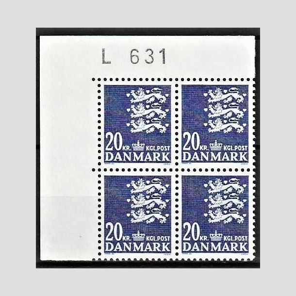 FRIMRKER DANMARK | 1986 - AFA 848 - Rigsvben 20 Kr. bl i marginalblok L631 - Postfrisk