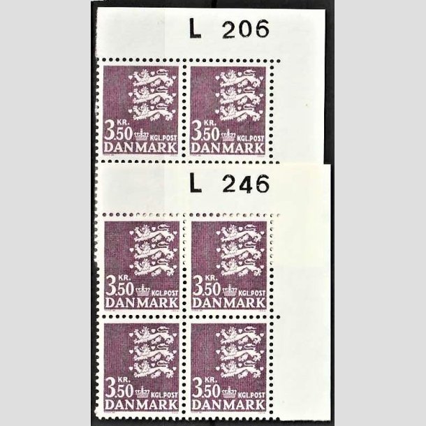 FRIMRKER DANMARK | 1972 - AFA 529 - Rigsvben 3,50 Kr. violet 2 x 4-blok med marginal L206/L246 - Postfrisk