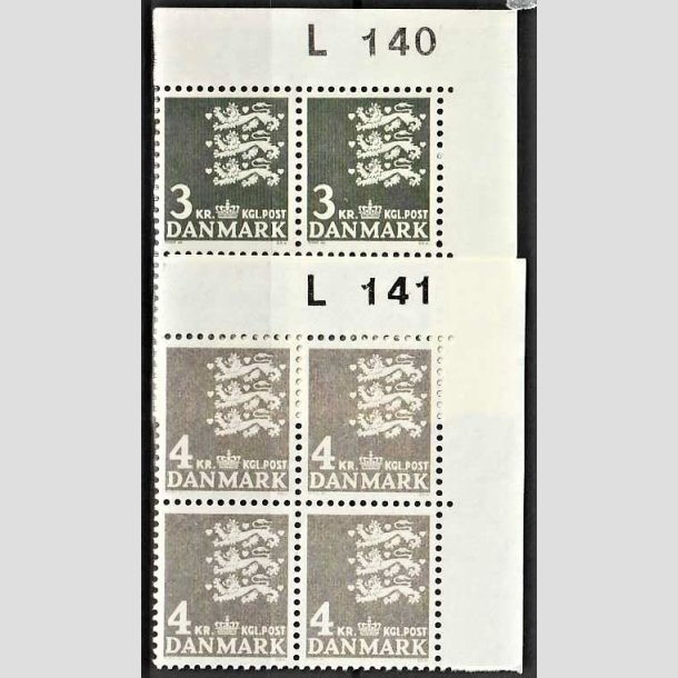 FRIMRKER DANMARK | 1969 - AFA 486,487 - Rigsvben 3 kr. + 4 kr. i marginalblokke med marginal  L140/L141 - Postfrisk