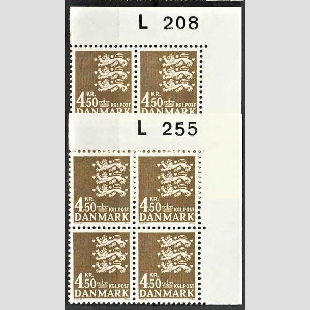 FRIMRKER DANMARK | 1972 - AFA 530 - Rigsvben 4,50 Kr. olivenbrun i 2 x marginalblokke med marginal  L208/L255 - Postfrisk