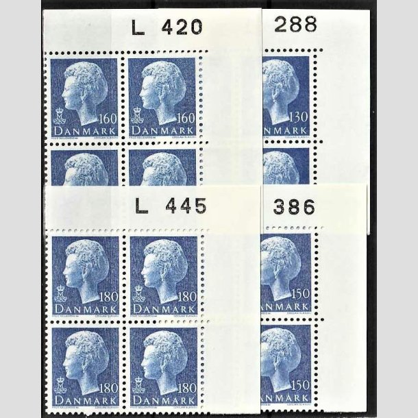 FRIMRKER DANMARK | 1975-80 - AFA 586,654,679,699 - Dronning Margrethe - 130-180 re bl i marginalblokke - Postfrisk