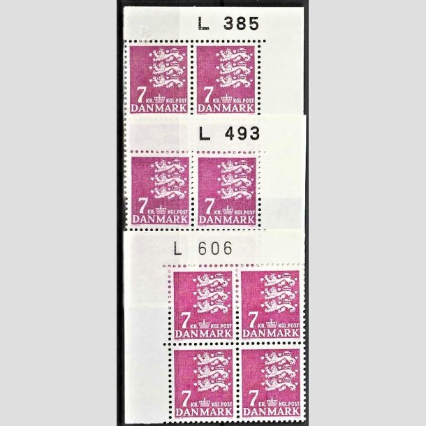 FRIMRKER DANMARK | 1978 - AFA 655 - Rigsvben 7 Kr. rdlilla i 3 x marginal 4-blok L385/L493/L606 - Postfrisk