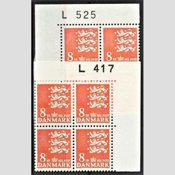 FRIMRKER DANMARK | 1979 - AFA 681 - Rigsvben 8 Kr. orange i 2 x 4-blok med marginal L417/L525 - Postfrisk