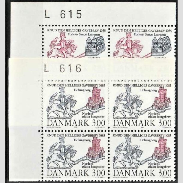 FRIMRKER DANMARK | 1985 - AFA 834,835 - Domkirken i Lund - 2,80 + 3,00 kr. mrkbl/lilla i st marginalblokke L615/L616 - Postfrisk