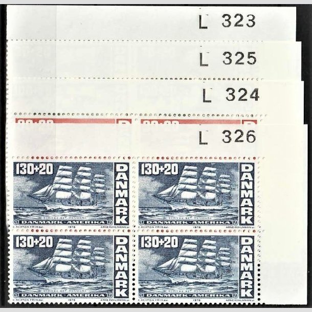 FRIMRKER DANMARK | 1976 - AFA 607-610 - Amerikanske uafhngighedserklring - 70-130 + 20 re i 4-blokke med marginalnummer - Postfrisk