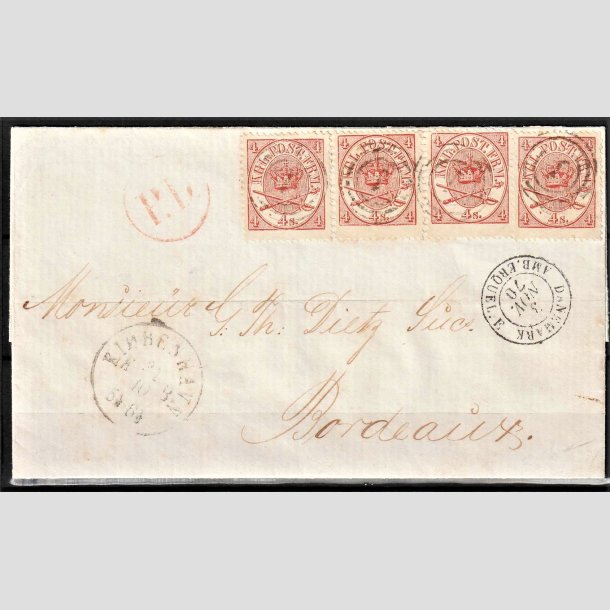 FRIMRKER DANMARK | 1864-70 - AFA 13 - Krone-Scepter-Svrd - 4 x 4 sk. rd p flot brev - Stemplet