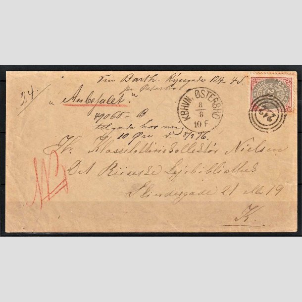 FRIMRKER DANMARK | 1875 - AFA 28y - 20 re rd/gr omv.rm single p REC-brev - Stemplet