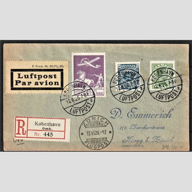 FRIMRKER DANMARK | 1925 - AFA 145 - Gl. Luftpost 15 re violet p brev til Zurich - Flot Stemplet