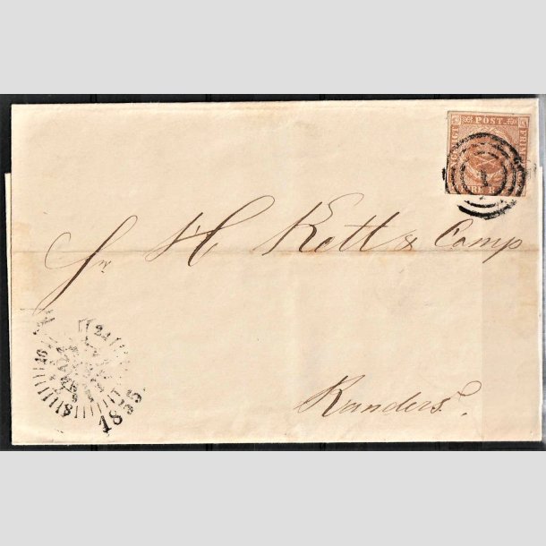 FRIMRKER DANMARK | 1854 - AFA 1 - 4 R.B.S IIIb gulbrun p brev - Thiele III - Stemplet