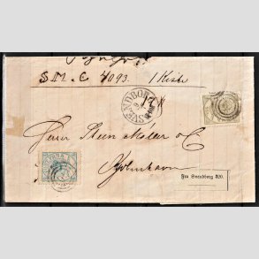 FRIMRKER DANMARK | 1864-70 - AFA 15,11 - 16 Skilling oliven + 2 sk. bl - Krone Scepter - p pakkeflgebrev - Stemplet