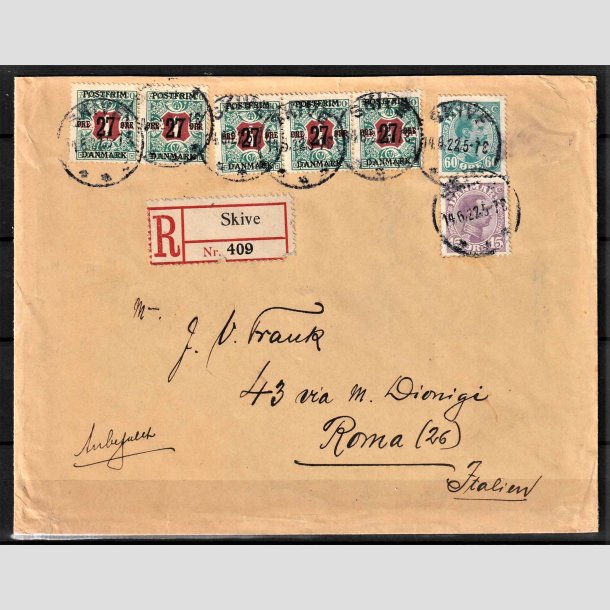 FRIMRKER DANMARK | 1918 - AFA 95 - 27 re/1 Kr. blgrn/rd x 5 p anbefalet brev - Stemplet