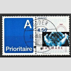 FRIMRKER DANMARK | 2001 - AFA 1283v - Europamrker. Vand. - 4,50 Kr. flerfarvet sammenhngende med A-vignet - Lux Stemplet