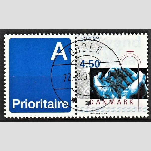 FRIMRKER DANMARK | 2001 - AFA 1283v - Europamrker. Vand. - 4,50 Kr. flerfarvet sammenhngende med A-vignet - Lux Stemplet