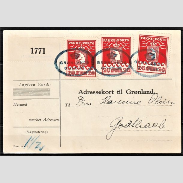 FRIMRKER GRNLAND | 1915 - AFA 9 - PAKKE-PORTO 20 re rd x 3 p adressebrev - Stemplet