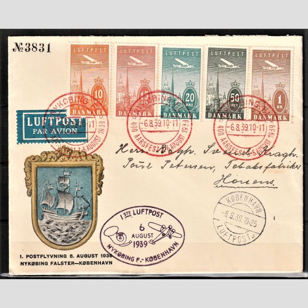 FRIMRKER DANMARK | 1934 - AFA 216-220 - Ny Luftpost i komplet st p flot Luftpost brev - Stemplet