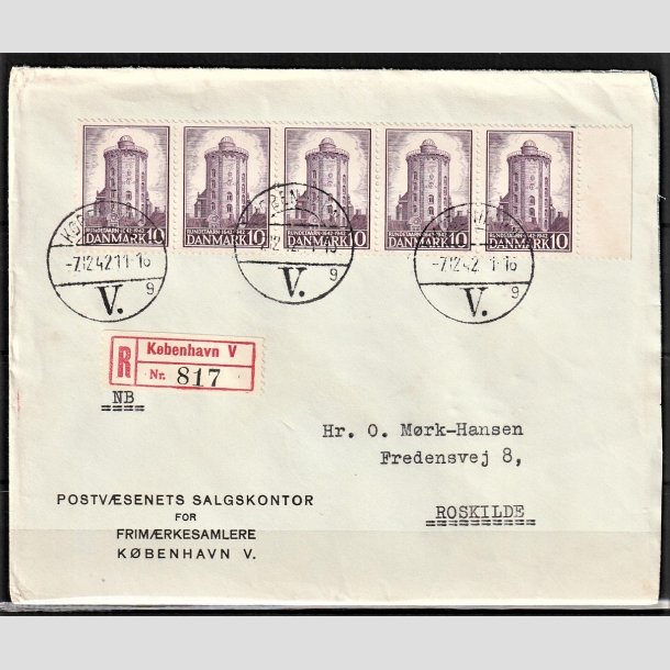 FRIMRKER DANMARK | 1942 - AFA 273 - Rundetrn 10 re violet i 4-stribe p anbefalet brev - Stemplet