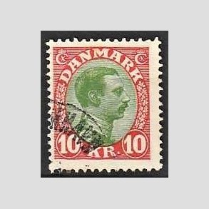 FRIMRKER DANMARK | 1927-28 - AFA 177 - Chr. X 10 Kr. rd/grn - Stemplet