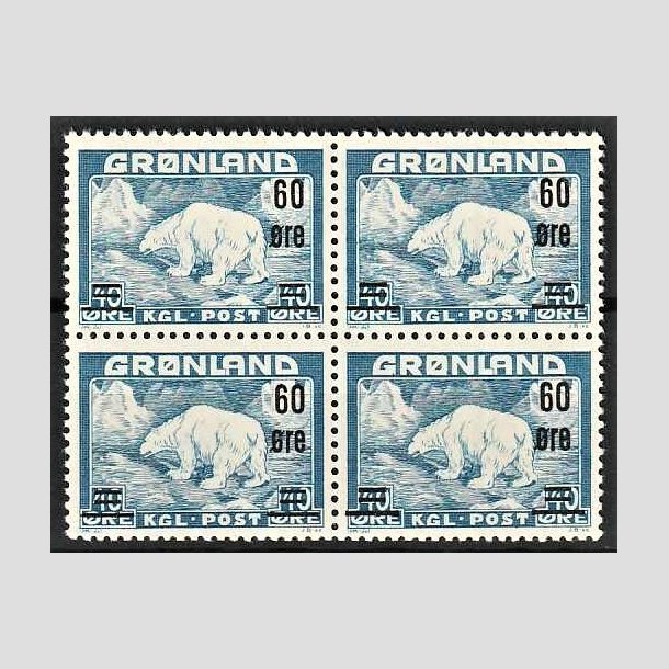 FRIMRKER GRNLAND | 1956 - AFA 37 - Provisorier - 60/40 re bl i 4-blok - Postfrisk