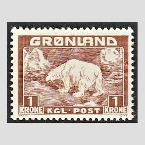 FRIMRKER GRNLAND | 1938 - AFA 7 - Isbjrn - 1 kr. gulbrun - Postfrisk