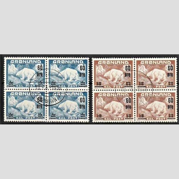 FRIMRKER GRNLAND | 1956 - AFA 37,38 - Provisorier - 60/40 re + 60 re/1 kr. i 4-blok st - Stemplet