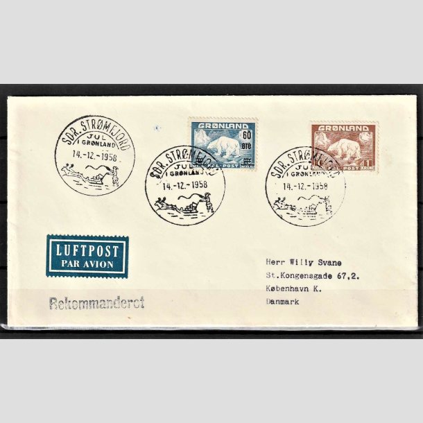 FRIMRKER GRNLAND | 1956 - AFA 37,38 - Provisorier - 60/40 re + 60 re/1 kr. p luftpostbrev - Stemplet